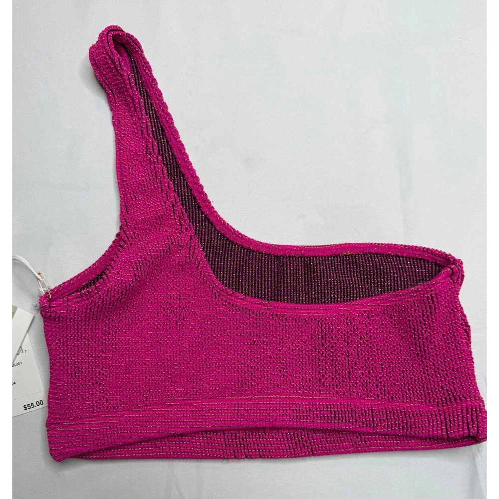 Good American One Shoulder Bikini Size US L XL Fuchsia Pink Metallic NWT